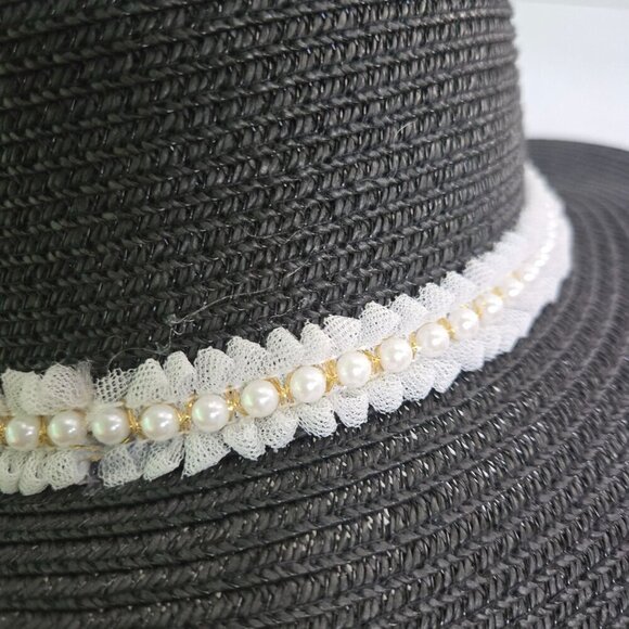 Black Straw Sun Hat Pearl Lace Trim One Size - Picture 2 of 3